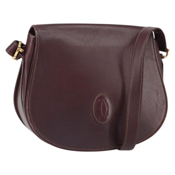 Authentic CARTIER Shoulder Bag Leather Bordeaux Gold